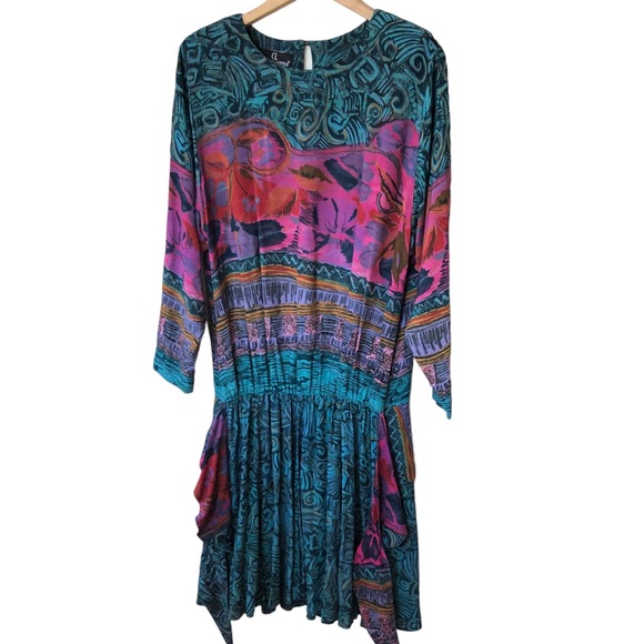 VTG Carole Little Vibrant Print Blouson Drop Waist Dress - Picture 7 of 15